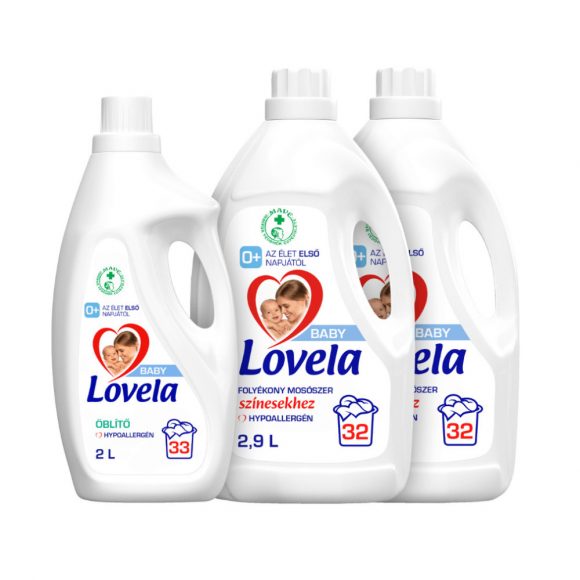 Lovela Baby folyékony mosószer csomag: Lovela Baby mosószer fehér ruhákhoz 2,9 liter + Lovela Baby mosószer színes ruhákhoz 2,9 liter + Lovela Baby öblítő 2 liter