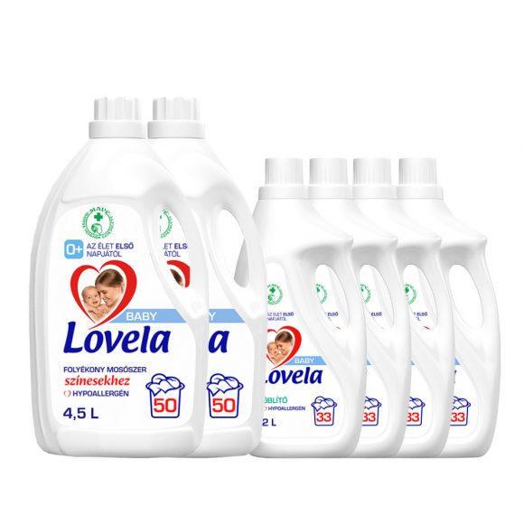 Lovela Baby nagy folyékony mosószer csomag: Lovela Baby mosószer színes ruhákhoz 2x4,5 liter + Lovela Baby öblítő 4x2 liter