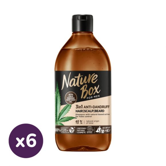 Nature Box FOR MEN 3 az 1-ben korpásodás elleni sampon hajra, fejbőrre & szakállra kendermag olajjal (6x385 ml)