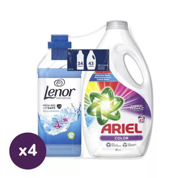 Ariel + Lenor mosási csomag: Ariel Color folyékony mosószer 4x2,15 liter (172 mosás) + Lenor Spring Awakening öblítő 4x0,85 l (136 mosás)