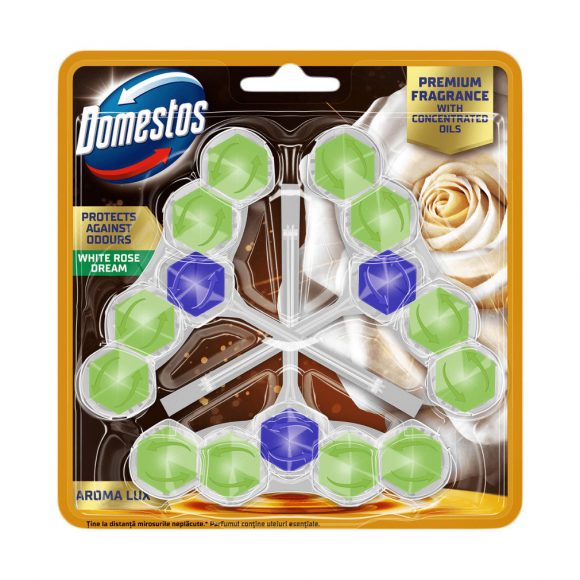 Domestos Aroma Lux WC frissítő blokk, White Rose Dream, koncentrált illóolajokkal (3x50 g)