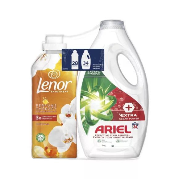 Ariel Extra Clean folyékony mosószer 1,7 liter (34 mosás) + LenorOrchid & Vanila öblítő 0,7 l (28 mosás)