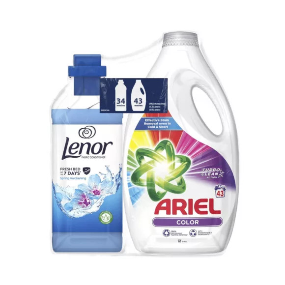 Ariel Color folyékony mosószer 2,15 liter (43 mosás) + Lenor Spring Awakening öblítő 0,85 l (34 mosás)